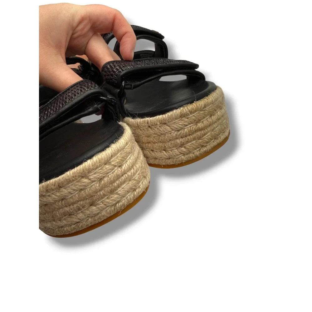 Tory‎ Burch Sport Platform Espadrille Sandals 6.5 Black Raffia Woven Leather
